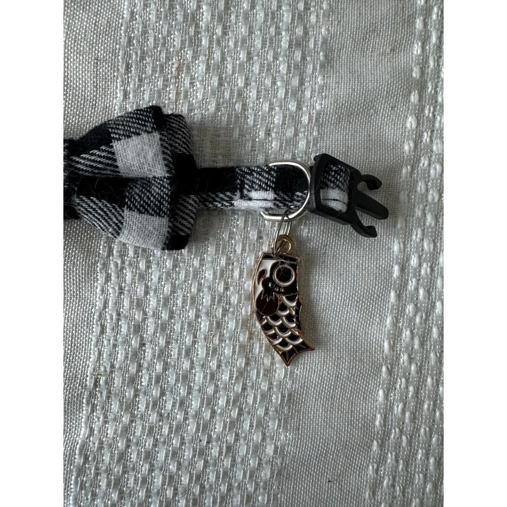 Buffalo Plaid Cat Collar with Bow Tie and Fish‎ Charm - Adjustable